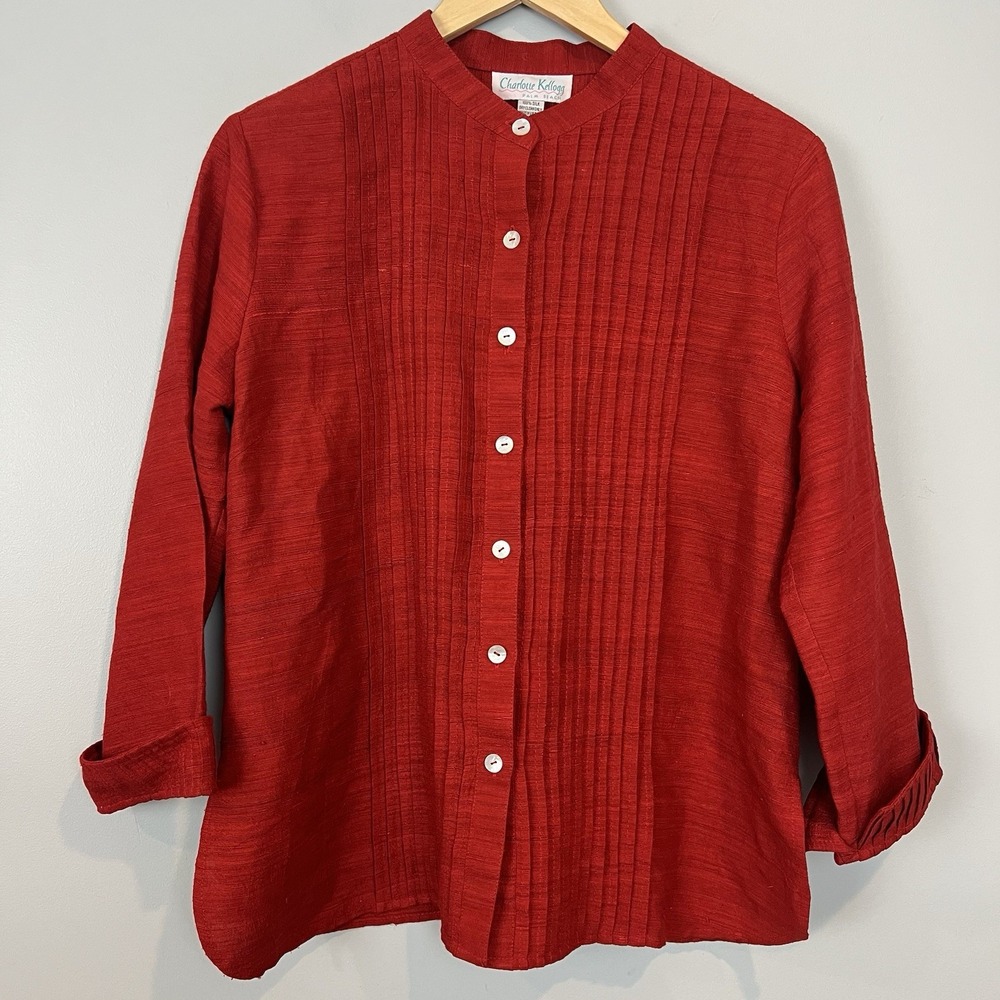 Charlotte Kellogg Palm Beach Red Silk Blouse Size Medium Button Up Pleated